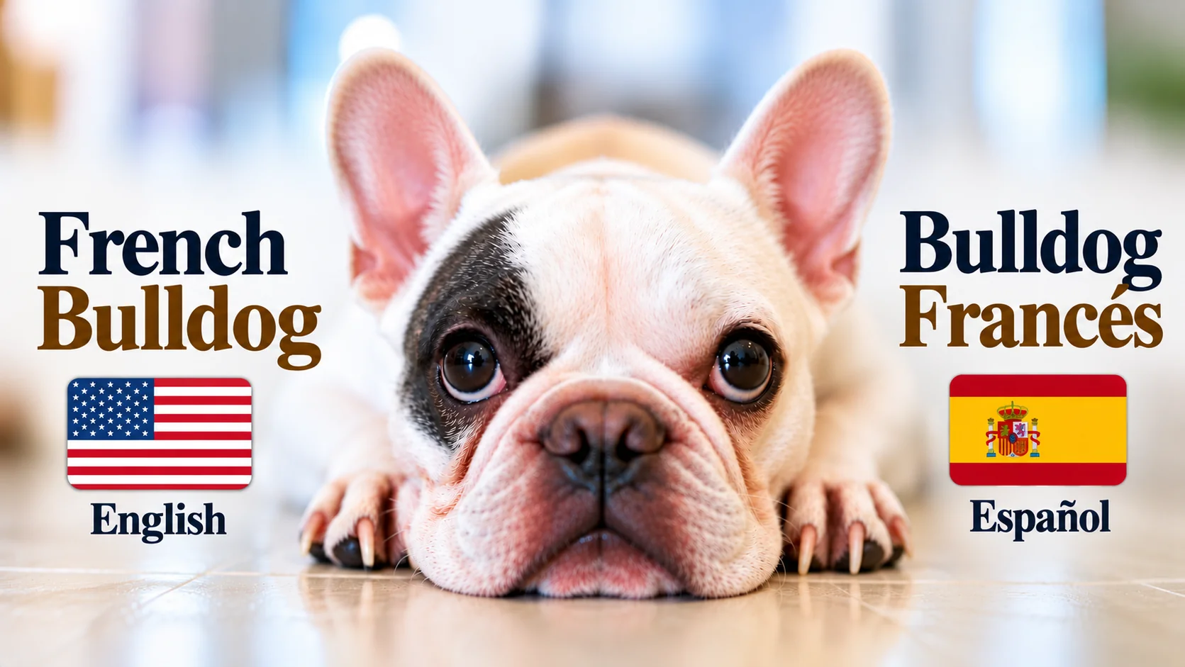 French Bulldog with English and Spanish edition labels and flags